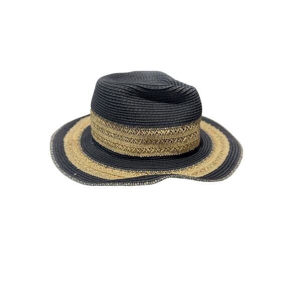 14th & Union One Size Woven Striped Blue Natural Wide Brim Boho Chic Straw Hat - Picture 2 of 3